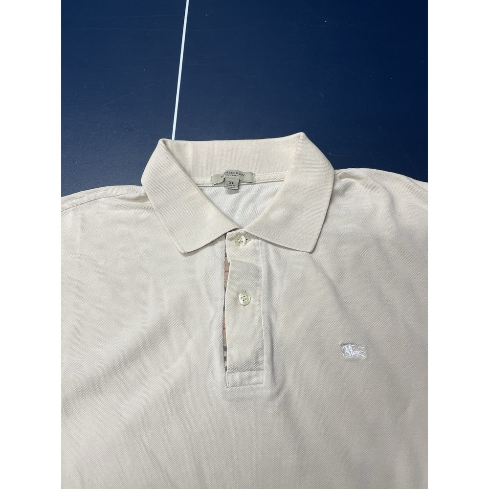 Burberry London Polo Shirt Mens XL Beige/Tan Nova Check Placket Logo 100% Cotton